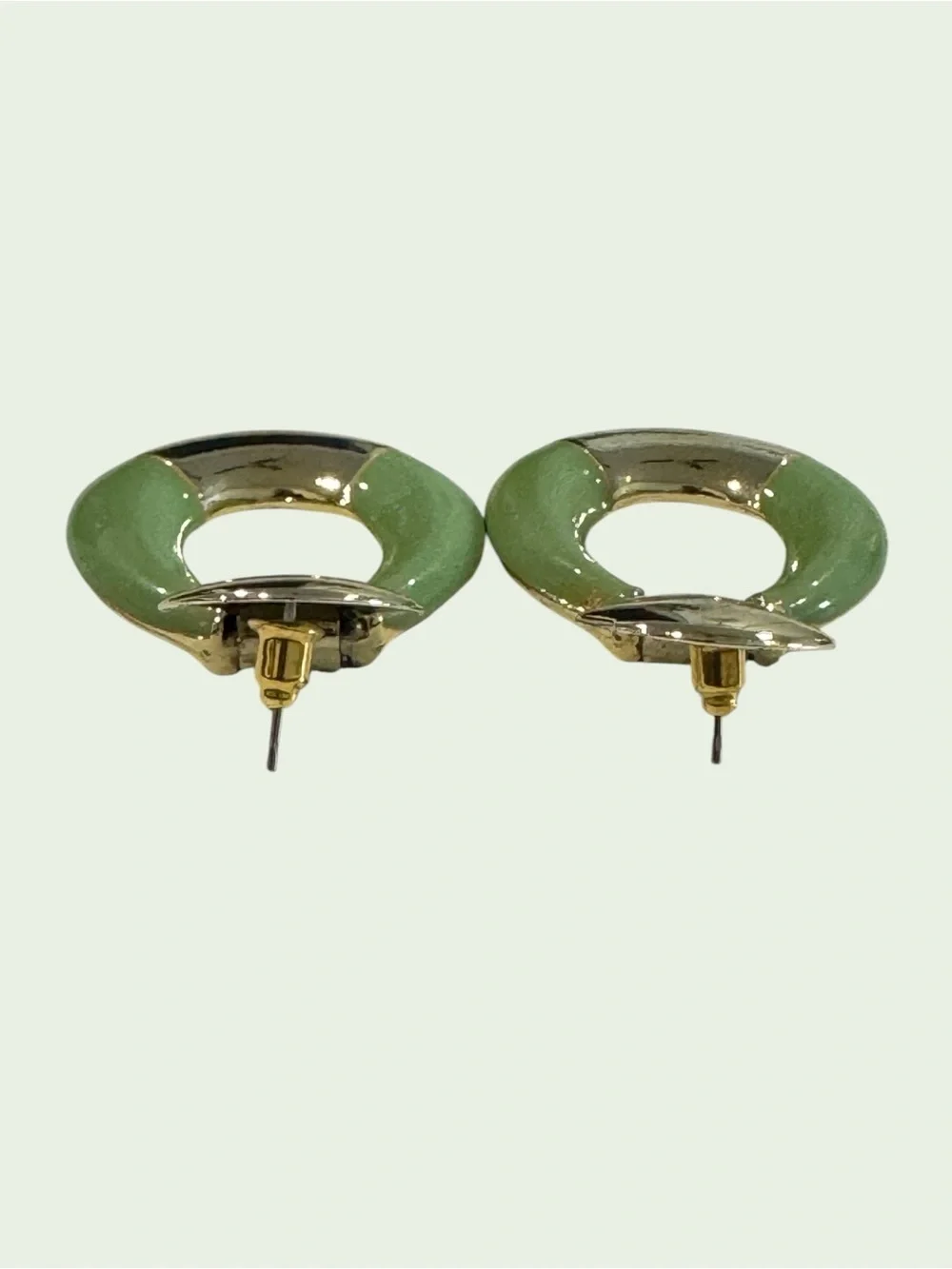 Retro Mint Green Enamel Gold Tone Earrings, 80’s inspired, geometric